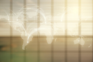 Double exposure of abstract digital world map hologram with connections on empty modern office background, research and strategy concept