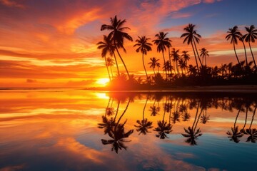 Tropical coconut trees sunset landscape outdoors. 