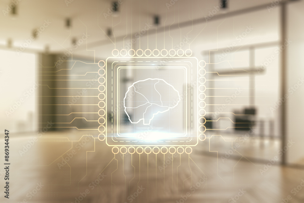 Aufkleber virtual creative artificial intelligence hologram with human brain sketch on a modern furnished offi