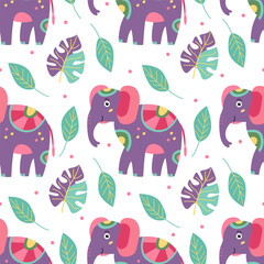 Seamless pattern with funny colorful elephants and tropical leaves on white. Great for fabrics, wrapping papers, wallpapers, covers. Vector illustration in hand drawn flat style