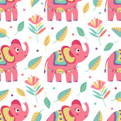 Obraz premium Seamless pattern with funny colorful baby elephants and flowers on white. Great for fabrics, wrapping papers, wallpapers, covers. Vector illustration in hand drawn flat style