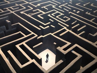 Businessman standing in the middle of a maze and looking at the exit