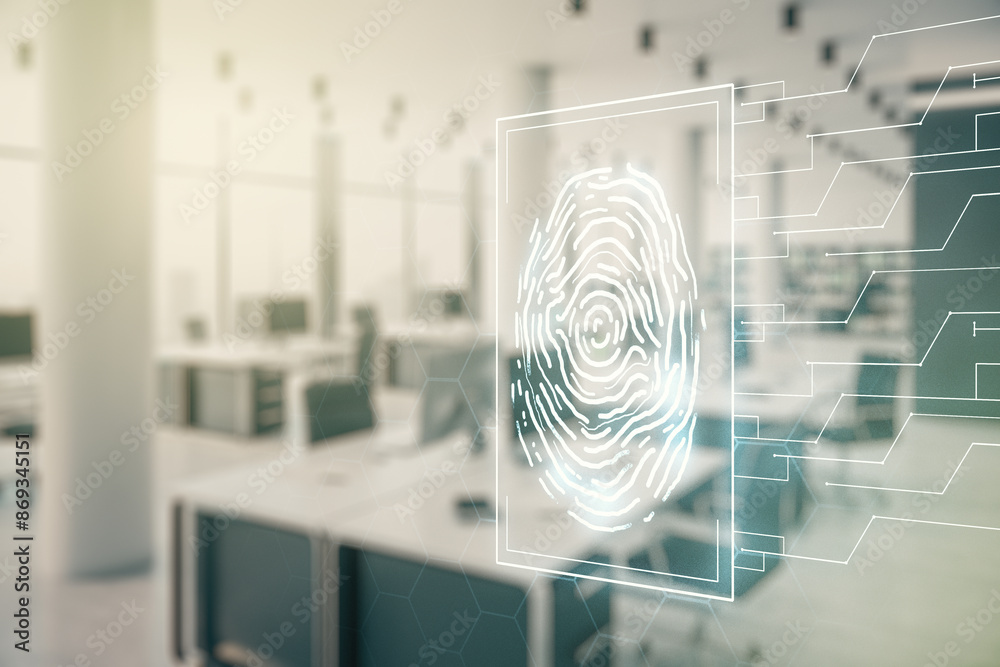 Aufkleber Multi exposure of virtual graphic fingerprint sketch on a modern furnished classroom background, fingerprint scan data concept