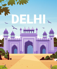 Delhi landmark architecture with domes and arches surrounded by trees and birds in a clear sky background