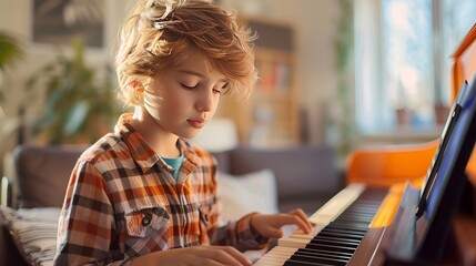 A young boy is playing the digital piano at home. He is focused and enjoying the activity. This is one of his hobbies.
