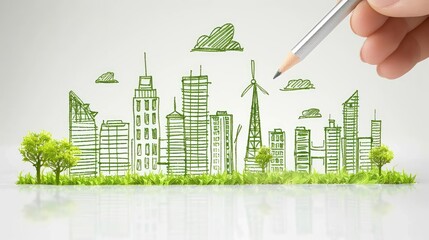 A hand is drawing a cityscape with a pencil, and the drawing includes a tree