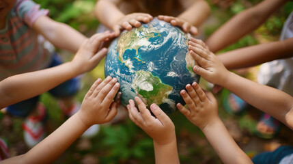 A group of children holding hands around a globe