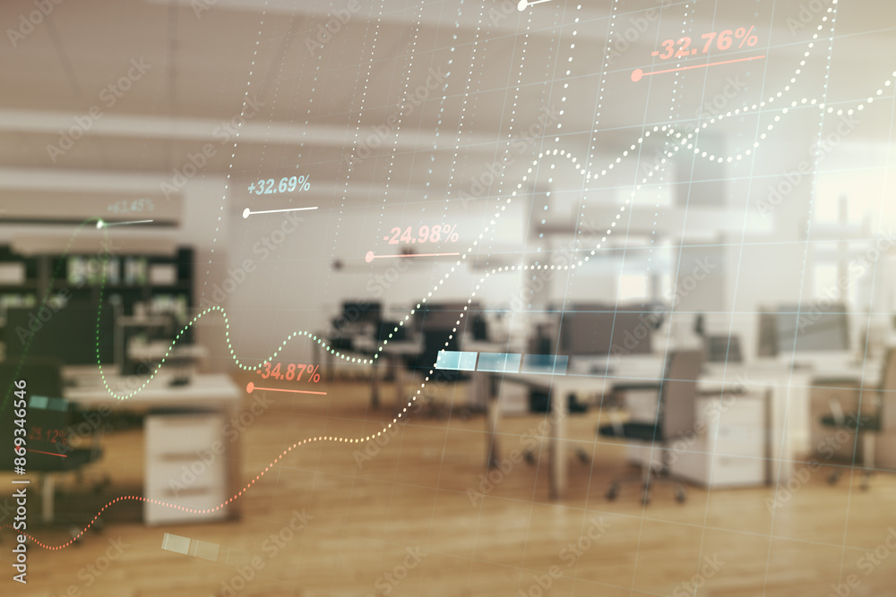 Poster Abstract virtual stats data hologram on a modern furnished office background. Multiexposure
