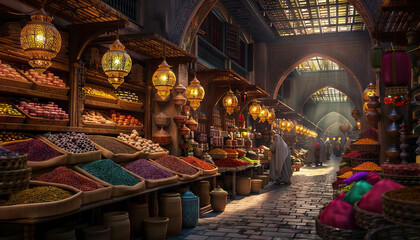 Fototapeta premium Arabian Nights Bazaar: A bustling marketplace straight out of Arabian folklore, filled with exotic spices, vibrant textiles, and ornate lanterns