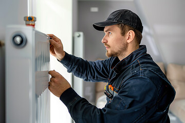 A skilled craftsman carefully installs a radiator in a home