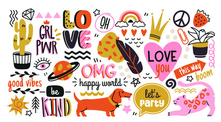 Set of cute hand drawn elements. Colorful scribble with slogans, phrases, decorative symbols, animals and plants. Designs for Tshirt. Doodle vector illustration collection isolated on white background