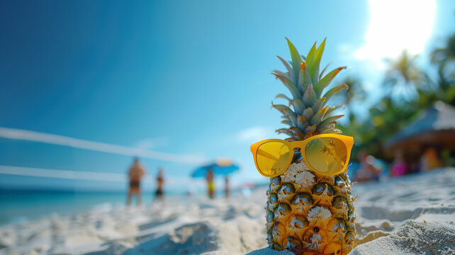 Pineapple wearing sunglasses on the beach.