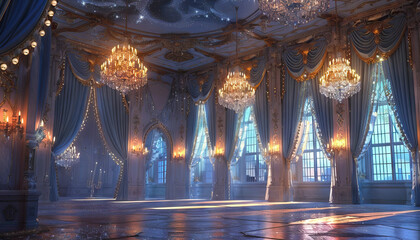 Enchanted Castle Ballroom: A fairy tale castle ballroom adorned with grand chandeliers, opulent draperies, and sparkling crystal accents