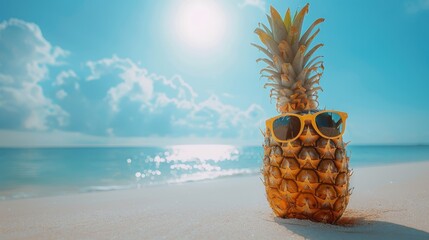 Pineapple Wearing Sunglasses on Beach.