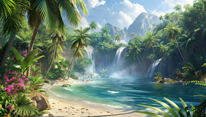 Tropical Paradise Retreat: A lush tropical paradise featuring palm trees, exotic flowers, and a tranquil waterfall backdrop