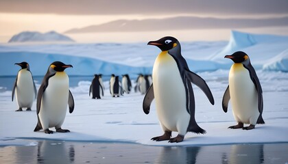 Obraz premium In icy Antarctica penguins dance and thrive, defying the harshness of their environment with their resilient spirits 