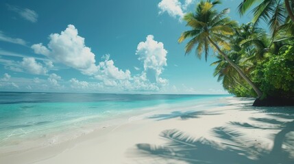 Palm trees cast shadows on white sand beach.