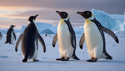 Obraz premium In icy Antarctica penguins dance and thrive, defying the harshness of their environment with their resilient spirits 