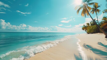 Tropical Beach with Palm Trees and Blue Sky.