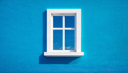 White window. White window on a blank blue wall. Window on the facade of the building