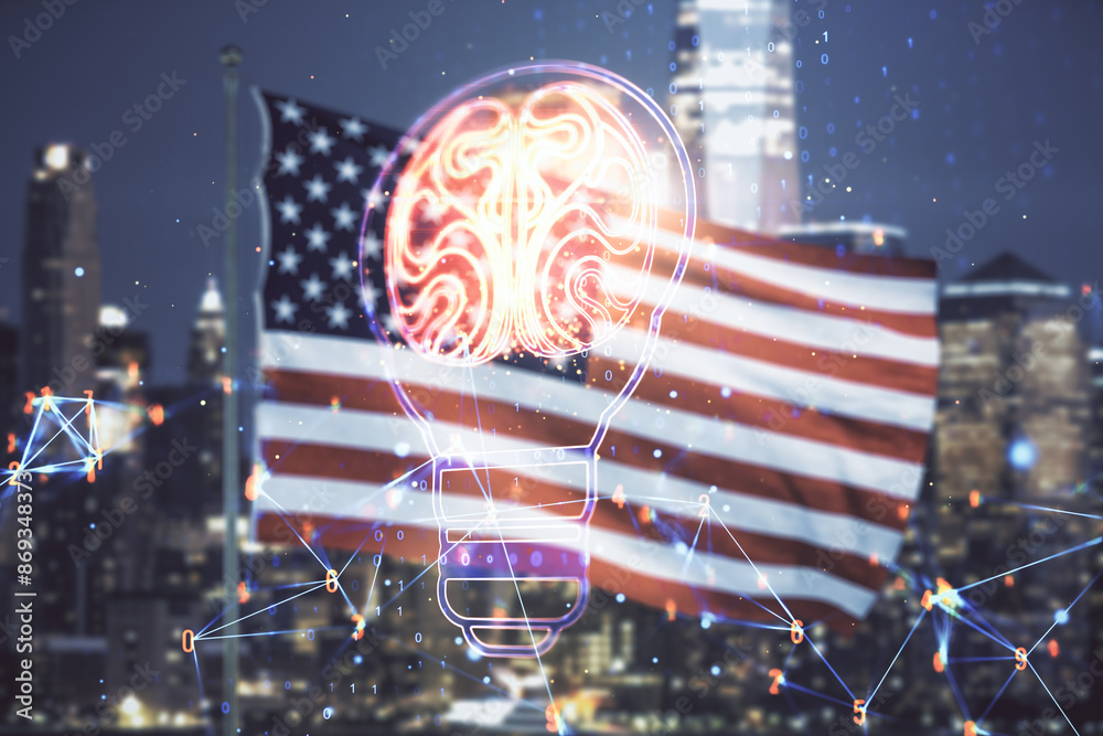 Poster double exposure of abstract virtual creative light bulb hologram with human brain on usa flag and bl
