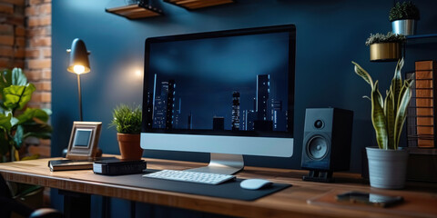 A computer monitor sits on a desk with a cup of coffee next to it