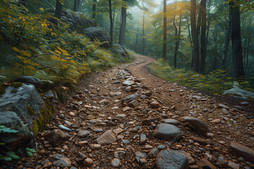 A rugged, rocky trail winds through a dense forest with lush greenery and yellow foliage. The path is strewn with stones and lined with trees, creating a serene and adventurous hiking environment.
