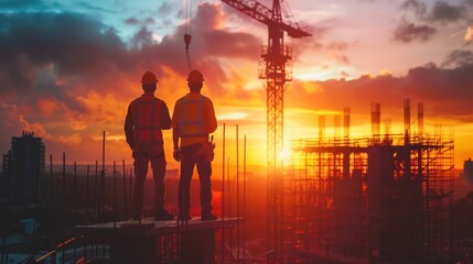 Fototapeta premium Engineer and worker silhouettes against a vibrant sunset at a construction site, showcasing teamwork and progress in building projects.