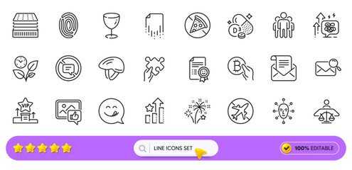 Leaves, Fireworks and Yummy smile line icons for web app. Pack of Cholecalciferol, Glass, Prohibit food pictogram icons. Vip podium, Stop talking, Mail newsletter signs. Ranking stars. Vector