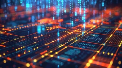 Fototapeta premium Abstract visualization of digital data and circuits with glowing lines and patterns, representing technology and digital innovation.