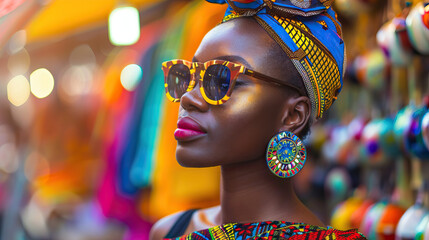 Fashionable Wanderlust: A black traveler exploring a colorful market in a foreign city, embracing new cultures and experiences with style