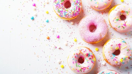 Donuts decorated icing and sprinkles on white background top view copy space pattern photography 