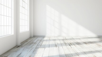 Empty white room with white wall, wooden floor and big window. Studio or office blank space. Empty template for interior product. Background for branding design showcase 