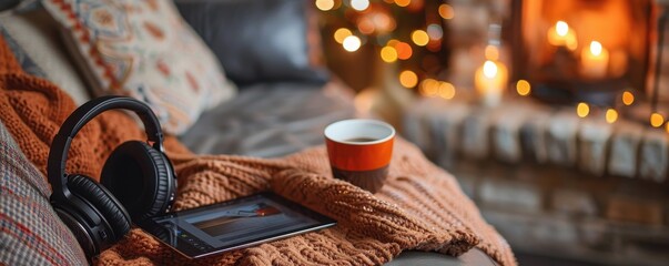 Cozy scene with a tablet, headphones, coffee mug on a blanket near a fireplace adorned with warm lights and holiday ambiance.