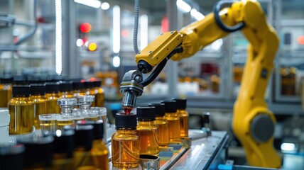 Fototapeta premium Industrial robot arm in factory placing bottle caps in automated assembly line. Advanced manufacturing technology, production efficiency.