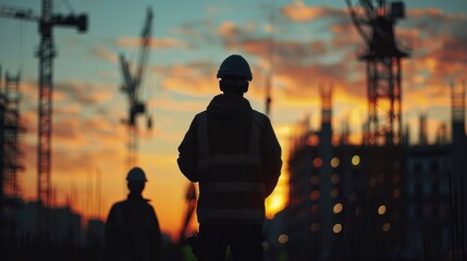 Engineers in silhouette, analyzing blueprints in the soft glow of sunset through hazy construction sites.