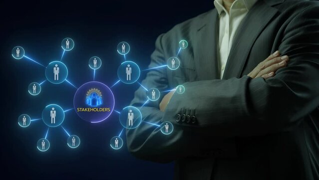 Stakeholders concept for business finance stakeholder investment management. Different stakeholders contact collaboration for company organization. Businessman showing stakeholders icon.