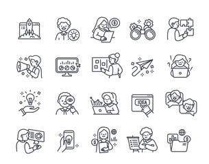 Business brainstorming linear icons set. Symbols with creative idea, startup launch, success strategy development and teamwork. Editable stroke. Outline vector collection isolated on white background