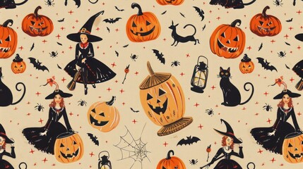 Vintage Halloween pattern with old-fashioned witches, black cats, and jack-o'-lanterns on a beige background