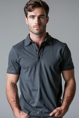 Obraz premium Dark gray polo shirt on a male model exuding a sporty vibe