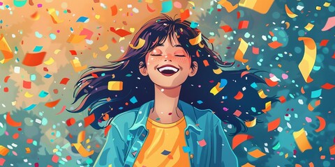 Fototapeta premium Girl Under Confetti Cheerful girl lying under falling confetti, capturing the joy of a celebration