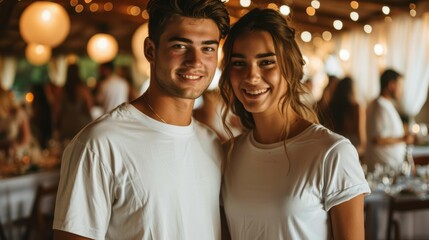 Elegant Couple in Blank White T-Shirts at Wedding Rehearsal Dinner Party with Beautiful Decorations