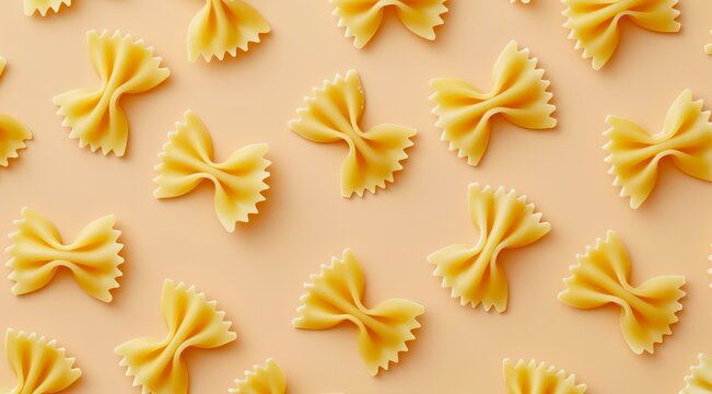 Pattern with dry farfalle pasta on yellow background, top view, minimal flat lay style.