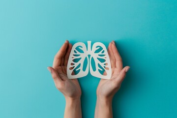 World Lung Cancer Day. Top view of hands holding a paper cutout in the shape of lungs on a blue background, representing a health care concept. World No Smoking Day