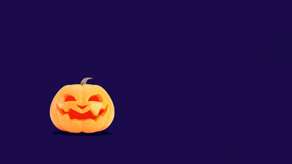 Jack o lantern Halloween background. Halloween pumpkin smiles on dark purple backdrop with copyspace