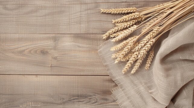 A flat lay image featuring a group of wheat sheaves arranged on a rustic brown wooden surface with a linen fabric