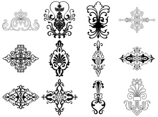 damask abstract element For use in assembling fabric patterns Wallpaper pattern consists of black lines on a white background.