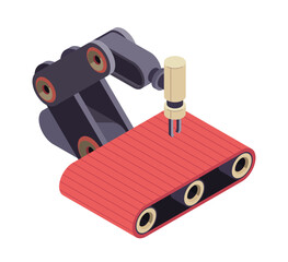 Isometric industrial machinery. Icon with automated robotic arm and conveyor belt for production and manufacturing. Modern equipment for factory. 3D vector illustration isolated on white background
