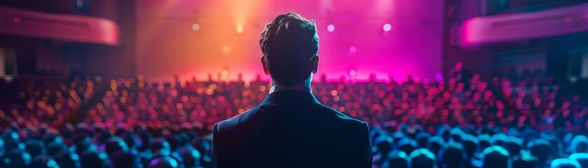 Rule of thirds composition shot ofA man in a business suit or speaker at conferences and business presentations is giving a speech on stage in front of an audience