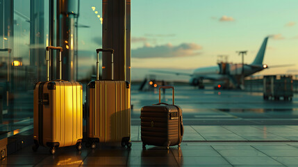 three hard shell suitcases by an airport window with an airplane, sunset background